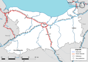 Carte du réseau routier national (autoroutes et routes nationales) dans le département du Calvados