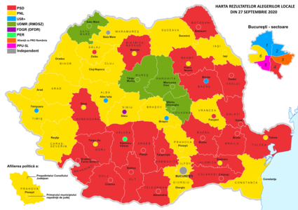 Map depicting the county council presidents and mayors of the county seat cities/towns (Romanian: Oraș reședință de județ) according to the colour of the winning party