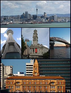 De cima p/baixo e da esquerda p/direita: Centro financeiro de Auckland, a Sky Tower, a Prefeitura de Auckland, a Ponte do Porto e a Terminal de Ferry de Auckland.