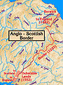 La frontera anglo-escocesa, amb el Tweed a l'est. El seu estuari i la ciutat de Berwick-upon-Tweed van ser una annexió tardana per part d'Anglaterra.