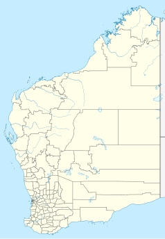 Mapa konturowa Australii Zachodniej, na dole po lewej znajduje się punkt z opisem „Mandurah”