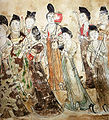 Porteuses d'offrandes Peinture murale couloir d'accès à la chambre funéraire de la princesse Yongtai, cortège de dames de la cour. VIIIe siècle In situ Cimetière de Gaozong. Qianling, Qian, Shaanxi, China, 85 km nord-ouest de Xi'an.