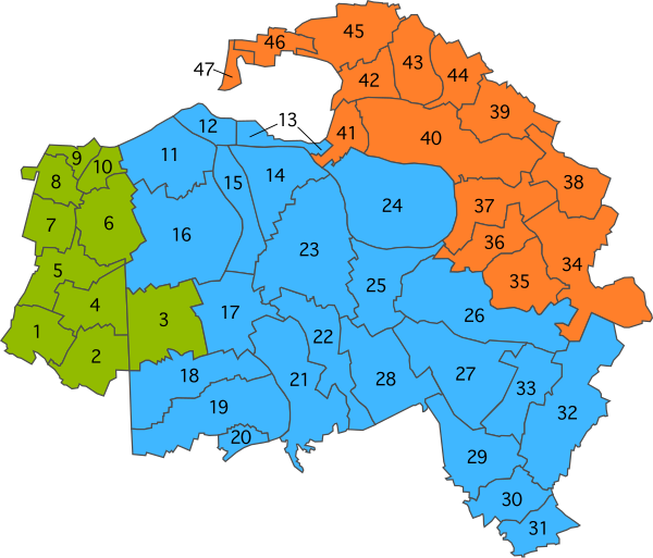 Découpage communal du Val-de-Marne. Le petit arrondissement de L'Haÿ-les-Roses est situé à l’ouest ; il ne touche pas l’arrondissement de Nogent-sur-Marne, au nord-est.