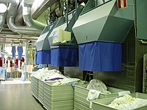 The unloading side of a dryer in an industrial laundry which dries the linen