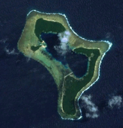 A satellite image of the Pingelap atoll at low-tide. The pale strip in the center is the airstrip.