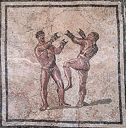 Pugilists (possibly pankratists) wearing spiky caestūs, mosaic from Roman Trier (early to mid 4th century AD)