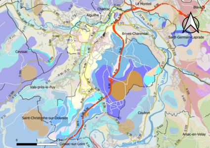 Carte montrant en couleurs le zonage géologique simplifié d'une commune