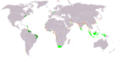An anachronous map of the Dutch colonial Empire. Light green: territories administered by or originating from territories administered by the Dutch East India Company Dark green: territories administered by or originating from territories administered by the Dutch West India Company. Tiny orange squares indicate smaller trading posts, the so-called handelsposten.