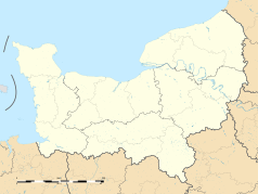 Mapa konturowa Normandii, u góry po lewej znajduje się punkt z opisem „Saint-Vaast-la-Hougue”