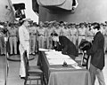 Thumbnail for File:Mamoru Shigemitsu signs the Instrument of Surrender, officially ending the Second World War.jpg