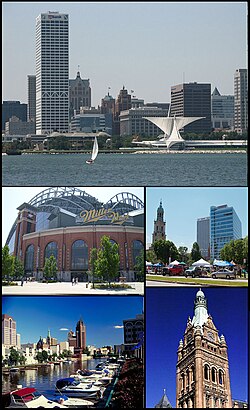 Top: Milwaukee Skyline, Center Left Miller Park, Center Right Cathedral of St. John the Evangelist, Lower Left Milwaukee River, Lower Right Milwaukee City Hall