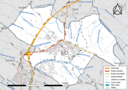 Carte en couleur présentant le réseau hydrographique de la commune