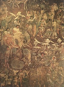 Seksion i një murali në Shpellën 17, 'ardhja e Sinhala-s'. Princi (Princi Vijaya) shfaqet në të dy grupet me elefantë.