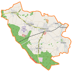 Mapa konturowa gminy Komprachcice, u góry po lewej znajduje się punkt z opisem „Wawelno”