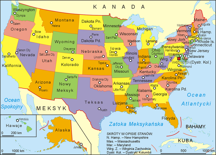 Mapa podziału administracyjnego Stanów Zjednoczonych