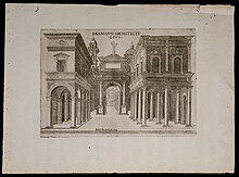 Architectural view of tiered arcades flanking an archway and courtyard, possibly a portion of the Cortile del Belvedere at the Vatican Palace in Rome; designed by Donato Bramante.
