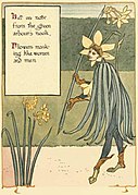 As flores se disfarçam de pessoas. Sir Jonquil começa a diversão, ilustração de A Floral Fantasy In an Old English Garden, 1899