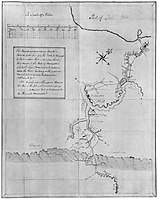 George Washington's map of French forts along the Allegheny River. French and Indian troops assembled at the mouth of Anderson Creek before the assault on Fort Augusta.