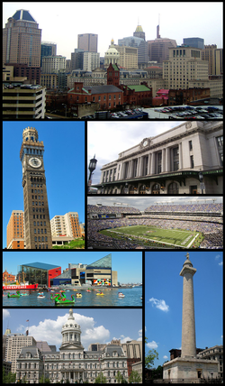Downtown Baltimore, Emerson Bromo-Seltzer Tower, Pennsylvania Station, M&T Bank Stadium, Inner Harbor and the National Aquarium in Baltimore, Baltimore City Hall, Washington Monument
