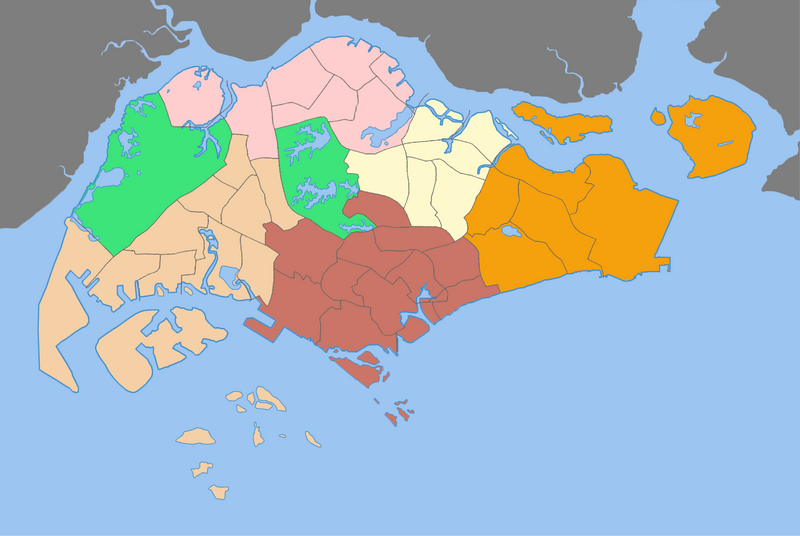 Mapa Singapuru z podziałem urbanistycznym na regiony planowania miejskiego. Nie jest to obowiązujący podział administracyjny, używany jest jednak w celach statystycznych dla cenzusu i przez inne agencje rządowe. Zaznaczenie regionów na mapie: Centralny (jasnobrązowy)[i], Północny (jasnoróżowy), Północno-Wschodni (biało-żółty), Wschodni (pomarańczowy), Zachodni (beżowy)[ii], Water Catchment Areas (zielony)[iii].
