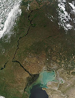 Rusia, delta del río Volga que desemboca en el Mar Caspio, vista general.