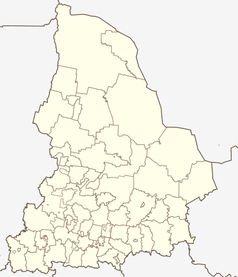 Mapa konturowa obwodu swierdłowskiego, na dole nieco na lewo znajduje się punkt z opisem „Sriednieuralsk”