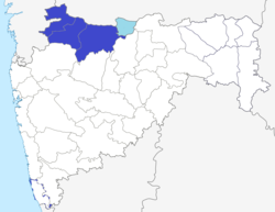 Blue: Khandesh in Maharashtra Light Blue: Khandesh in Madhya Pradesh (Burhanpur)