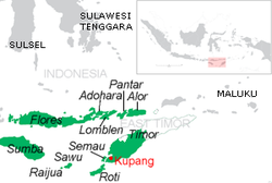 Kupang'ın Endonezya'da, Doğu Nusa Tenggara ilinde ve Batı Timor'daki konumu.