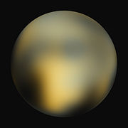 A 2010 map of Pluto reconstructed from Hubble Space Telescope data. Although it had not yet been named or identified as a distinct feature, Tombaugh Regio is discernible.