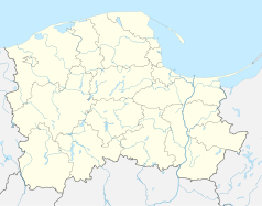 Mapa konturowa województwa pomorskiego, blisko centrum na prawo u góry znajduje się punkt z opisem „Sopot”