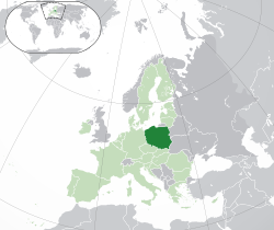 波兰的位置（深绿色） – 欧洲（绿色及深灰色） – 欧洲联盟（绿色）  —  [圖例放大]