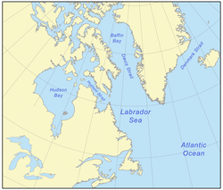 Carte de la mer du Labrador. La mer s'étend au sud jusqu'à la pointe sud-est de Terre-Neuve.