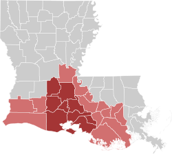 Map of Louisiana with Acadiana highlighted, and the heart of Acadiana in dark red