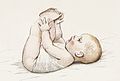 תינוק בוחן את אצבעות רגליו - התפתחות מוטורית במהלך הינקות