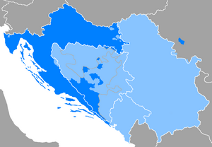 Поширення хорватської мови в межах хорватсько-сербської мовної системи      Хорватська мова є мовою більшості     Хорватська мова є мовою меншості або поширені інші мови