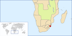 Rödmarkerade området visar Zululand, omkring år 1890.