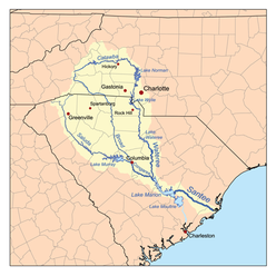 Mapa da bacia do rio Santee, incluindo o rio Catawba