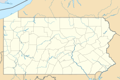 Mapa konturowa Pensylwanii, na dole po prawej znajduje się punkt z opisem „Pennsylvania Academy of the Fine Arts”