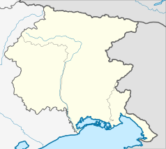 Mapa konturowa Friuli-Wenecji Julijskiej, po lewej znajduje się punkt z opisem „Maniago”