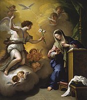 La Anunciación de Paolo de Matteis , 1712, Museo de Arte de Saint Louis, Saint Louis. El lirio blanco en la mano del ángel simboliza la pureza de María[nota 2]​ en el arte mariano.[29]​
