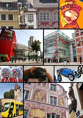 Van linksboven naar rechtsonder: historische panden in het centrum, winkelcentrum Porte Jeune, campus La Fonderie, carnavalvierders, rode vari in de dierentuin, automuseum, tram van Mulhouse en het stadhuis