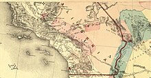 Colored map of land from approximately San Luis Obispo south to the border and east to the Arizona border, which was then New Mexico Territory