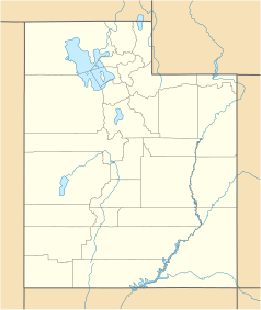 Mapa konturowa Utah, blisko centrum na lewo u góry znajduje się punkt z opisem „Tooele”