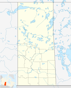 Mapa konturowa Saskatchewanu, na dole znajduje się punkt z opisem „Saskatoon”