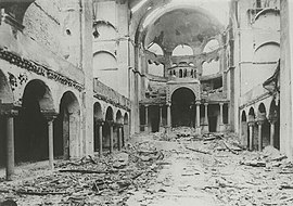 Photograph of the smashed interior of the Berlin synagogue