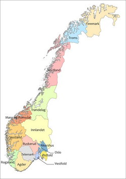 Norgeskart som viser de femten fylkene i Norge per 1. januar 2024.