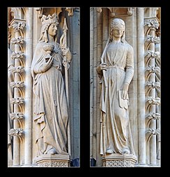 L'Église, côté gauche du portail, la Synagogue, côté droit, inspirées des statues du portail du bras sud du transept de la cathédrale de Strasbourg.