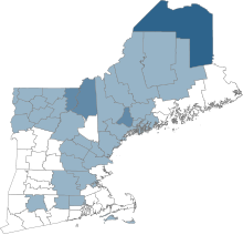 Population speaking French at home in New England, percent by county.svg