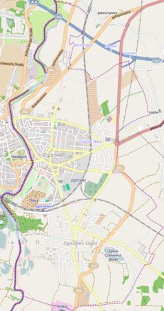 Mapa konturowa Zgorzelca, blisko dolnej krawiędzi znajduje się punkt z opisem „Stalag VIII A”