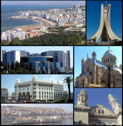V smeri urinega kazalca, zgoraj levo: obala Alžira, Maqam Echahid (spomenik mučenikom), stolnica Notre Dame d'Afrique, mošeja Ketchaoua, kazba v Alžiru, glavna pošta Alžira, stavba ministrstva za finance